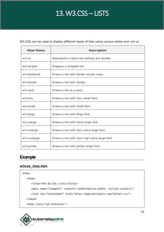 W3.CSS
33
W3.CSS can be used to display different types of lists using various styles over w3-ul.
Class Name Description
w3-ul Represents a basic list without any border.
w3-striped Displays a stripped list.
w3-bordered Draws a list with border across rows.
w3-border Draws a list with border.
w3-card Draws a list as a card.
w3-tiny Draws a list with very small font.
w3-small Draws a list with small font.
w3-large Draws a list with large font.
w3-xlarge Draws a list with extra large font.
w3-xxlarge Draws a list with very extra large font.
w3-xxxlarge Draws a list with very high extra large font.
w3-jumbo Draws a list with jumbo large font.
Example
w3css_lists.htm
<html>
<head>
<title>The W3.CSS Lists</title>
<meta name="viewport" content="width=device-width, initial-scale=1">
<link rel="stylesheet" href="http://www.w3schools.com/lib/w3.css">
</head>
<body class="w3-container">
13.W3.CSS – LISTS
 