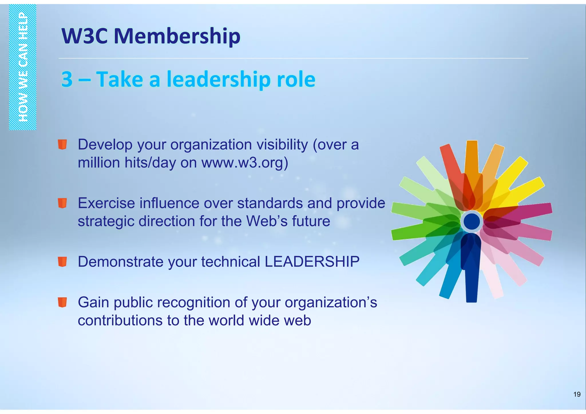 19
W3C Membership
3 – Take a leadership role
HOWWECANHELPHOWWECANHELP
Develop your organization visibility (over a
million hits/day on www.w3.org)
Exercise influence over standards and provide
strategic direction for the Web’s future
Demonstrate your technical LEADERSHIP
Gain public recognition of your organization’s
contributions to the world wide web
 