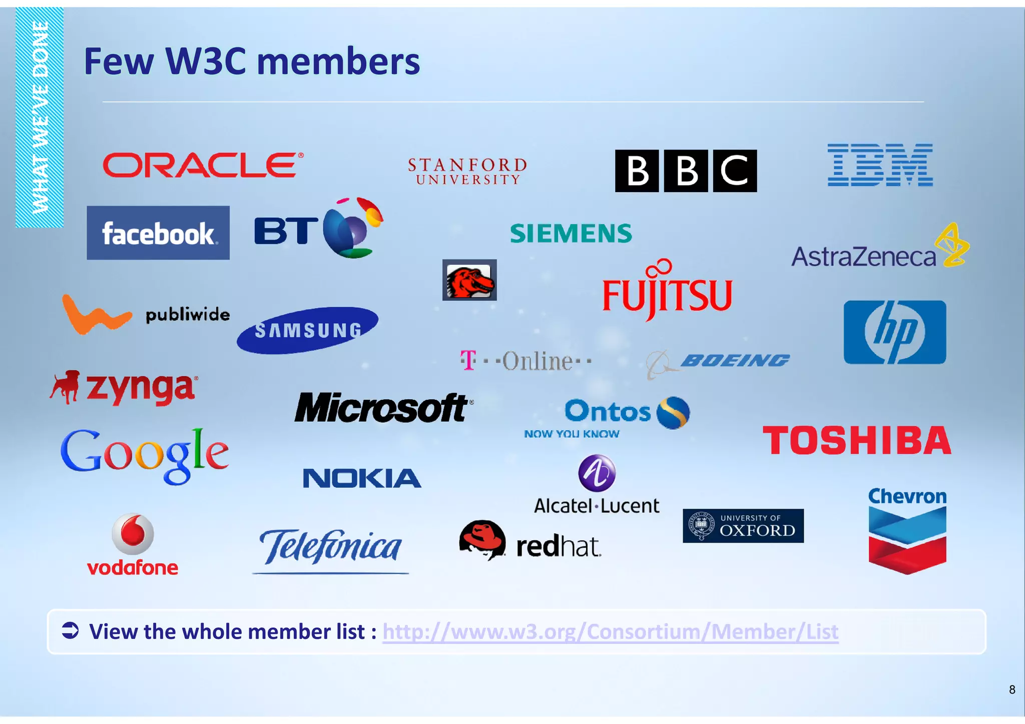 8
Few W3C members
WHATWE’VEDONEWHATWE’VEDONE
View the whole member list : http://www.w3.org/Consortium/Member/List
 