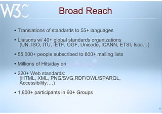 5
Broad Reach
• Translations of standards to 55+ languages
• Liaisons w/ 40+ global standards organizations
(UN, ISO, ITU, IETF, OGF, Unicode, ICANN, ETSI, Isoc…)
• 55,000+ people subscribed to 800+ mailing lists
• Millions of Hits/day on www.w3.org
• 220+ Web standards:
(HTML, XML, PNG/SVG,RDF/OWL/SPARQL,
Accessibility….)
• 1,800+ participants in 60+ Groups
 