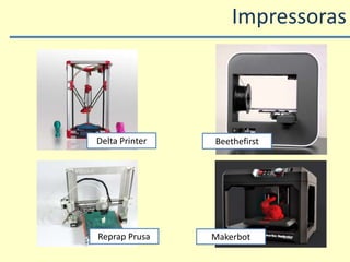 Impressoras
Reprap Prusa
Delta Printer Beethefirst
Makerbot
 