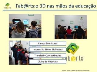 Fab@rts:o 3D nas mãos da educação
Fotos: https://www.facebook.com/tic3d/
Alunos Monitores
Impressão 3D na Biblioteca
Trans...