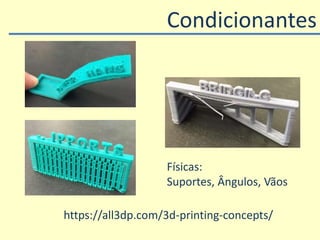 https://all3dp.com/3d-printing-concepts/
Condicionantes
Físicas:
Suportes, Ângulos, Vãos
 