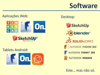 Software
Este… mas não só.
Aplicações Web:
Tablets Android:
Desktop:
 