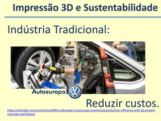 Impressão 3D e Sustentabilidade
https://ultimaker.com/en/stories/43969-volkswagen-autoeuropa-maximizing-production-efficiency-with-3d-printed-
tools-jigs-and-fixtures
Indústria Tradicional:
Reduzir custos.
 