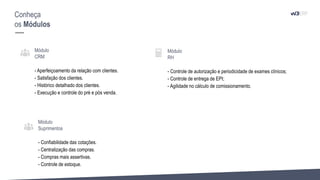 Conheça
os Módulos
Módulo
CRM
- Aperfeiçoamento da relação com clientes.
- Satisfação dos clientes.
- Histórico detalhado dos clientes.
- Execução e controle do pré e pós venda.
Módulo
RH
- Controle de autorização e periodicidade de exames clínicos;
- Controle de entrega de EPI;
- Agilidade no cálculo de comissionamento.
Módulo
Suprimentos
- Conﬁabilidade das cotações.
- Centralização das compras.
- Compras mais assertivas.
- Controle de estoque.
 