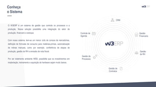 O W3ERP é um sistema de gestão que controla os processos e a
produção. Nossa solução possibilita uma integração do setor de
produção, financeiro e estoque.
Com nosso sistema, tem-se um menor ciclo de compra de mercadorias,
definição de fórmulas de consumo para matérias-primas, automatização
de rotinas manuais, como por exemplo, conferência de etapas de
produção, gestão de RH e emissão de nota fiscal.
Por ser totalmente ambiente WEB, possibilita que os investimentos em
implantação, treinamento e aquisição de hardware sejam muito baixos.
CRM
Gestão
Financeira
Controle de
Agenda
Gestão de
Processos
Gestão de
Contratos
Gestão
de RH
Conheça
o Sistema
 