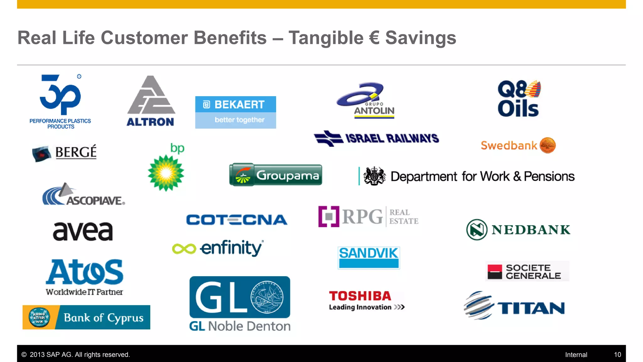 Real Life Customer Benefits – Tangible € Savings




© 2013 SAP AG. All rights reserved.                Internal   10
 