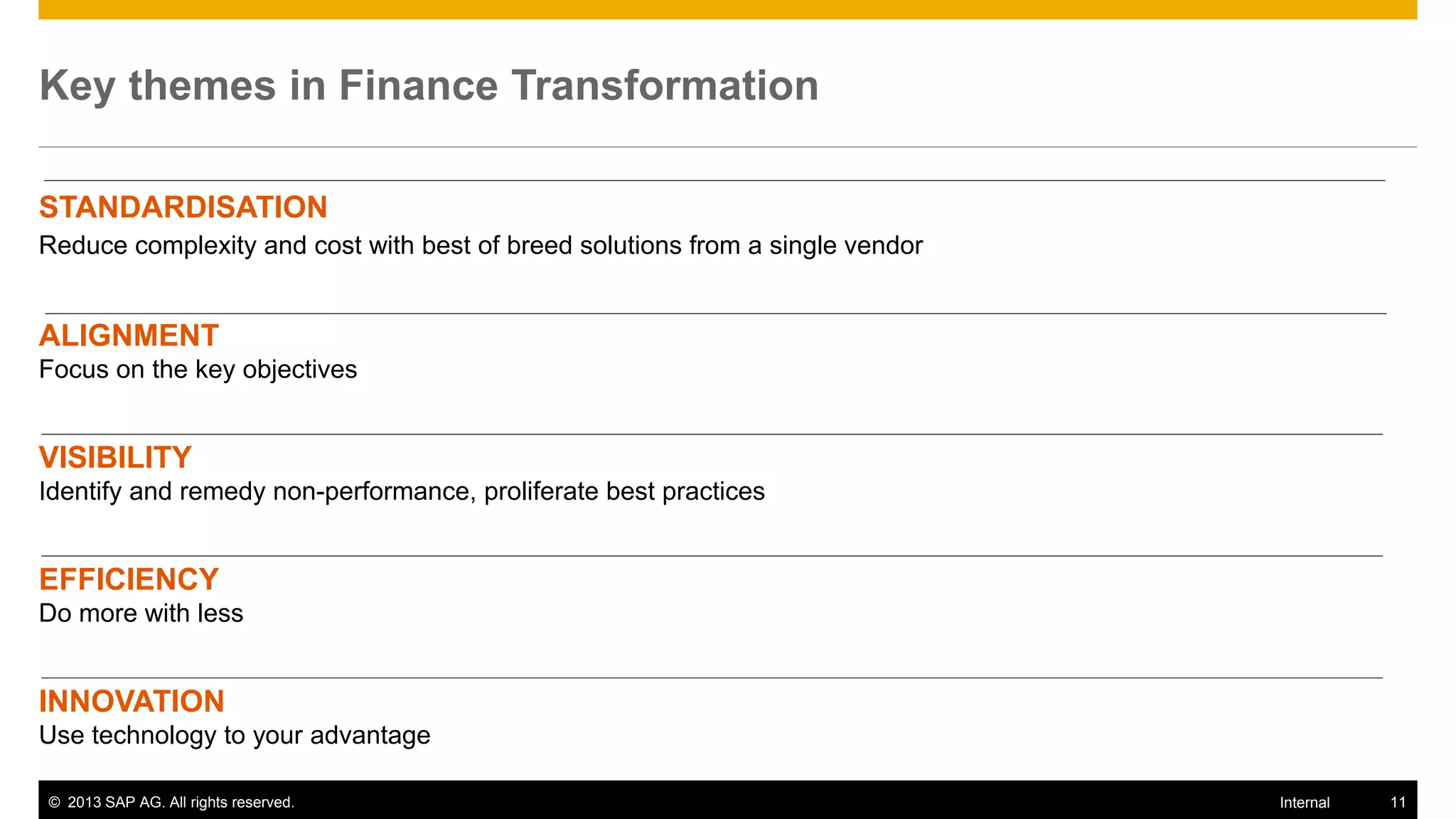 Key themes in Finance Transformation

STANDARDISATION
Reduce complexity and cost with best of breed solutions from a single vendor


ALIGNMENT
Focus on the key objectives


VISIBILITY
Identify and remedy non-performance, proliferate best practices


EFFICIENCY
Do more with less


INNOVATION
Use technology to your advantage

© 2013 SAP AG. All rights reserved.                                            Internal   11
 