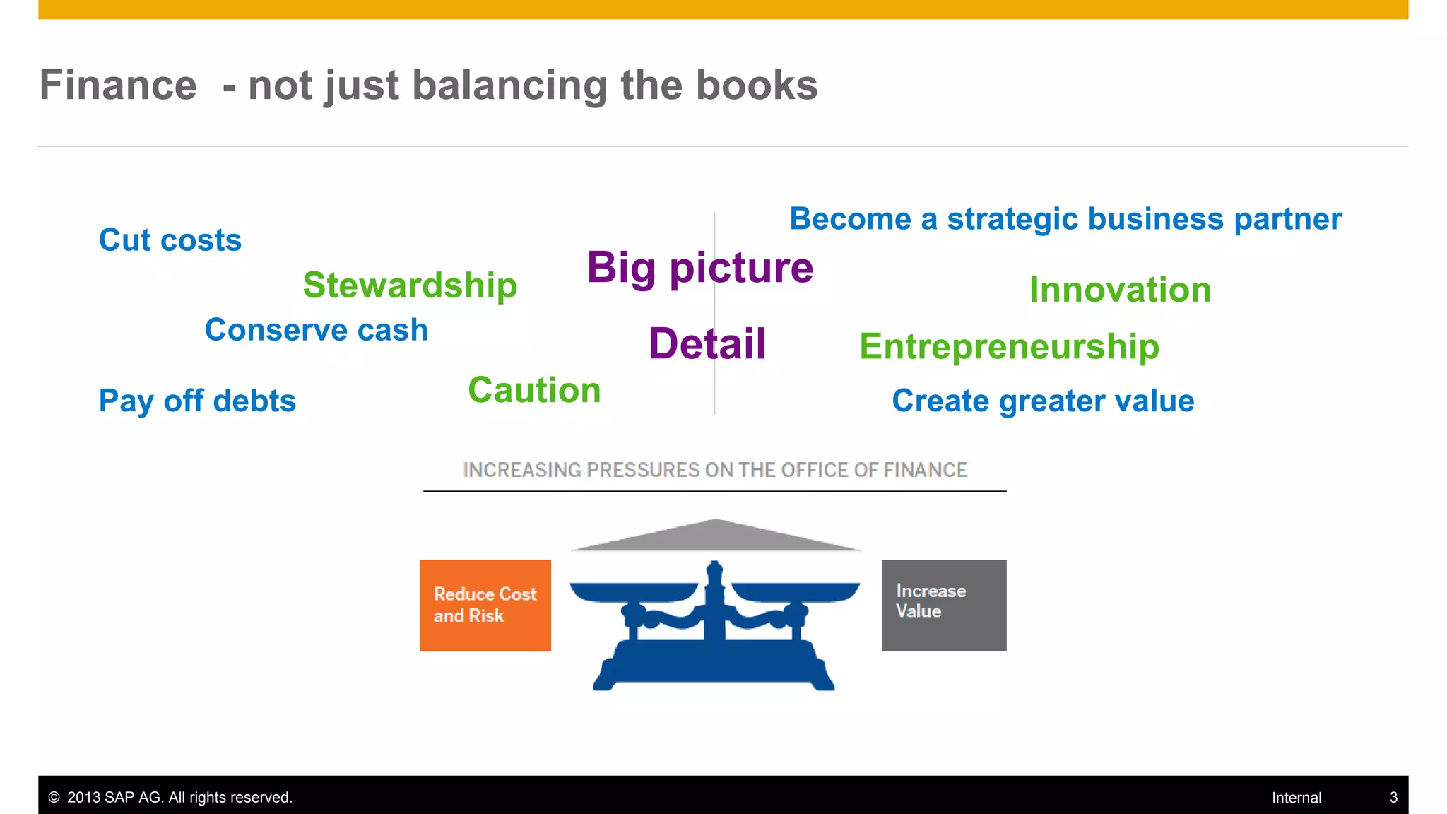 Finance - not just balancing the books


                                                                 Become a strategic business partner
       Cut costs
                                      Stewardship   Big picture                 Innovation
                      Conserve cash
                                                        Detail       Entrepreneurship
       Pay off debts                          Caution                  Create greater value




© 2013 SAP AG. All rights reserved.                                                            Internal   3
 