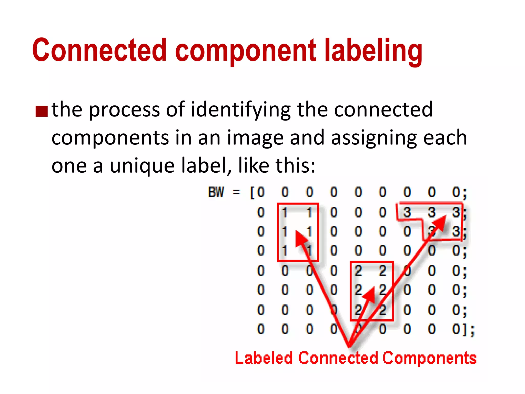 Connected component labeling
the process of identifying the connected
components in an image and assigning each
one a unique label, like this:
 