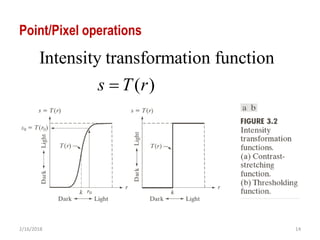 2/16/2018 14
Point/Pixel operations
Intensity transformation function
( )s T r
 