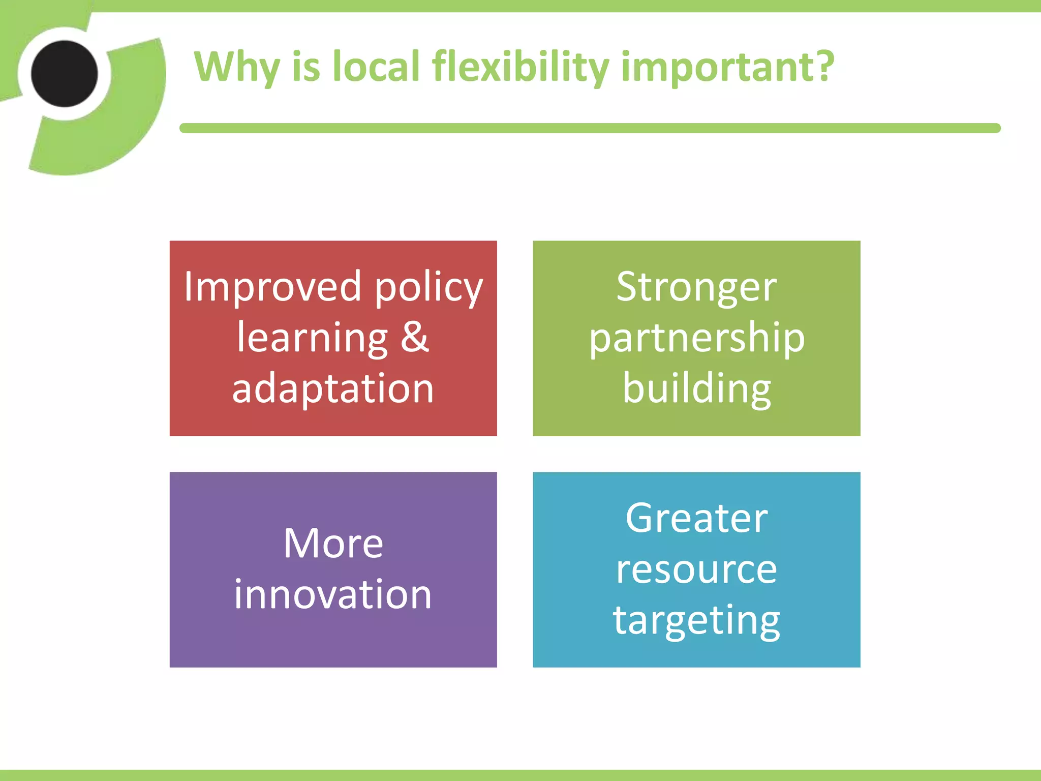 Why is local flexibility important?
Local flexibility in the management of labour market policy: an international
comparison
Improved policy
learning &
adaptation
Stronger
partnership
building
More
innovation
Greater
resource
targeting
 