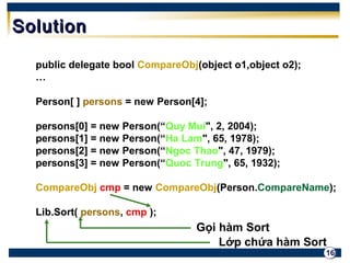 16 
SSoolluuttiioonn 
public delegate bool CompareObj(object o1,object o2); 
… 
Person[ ] persons = new Person[4]; 
persons[0] = new Person(“Quy Mui", 2, 2004); 
persons[1] = new Person(“Ha Lam", 65, 1978); 
persons[2] = new Person(“Ngoc Thao", 47, 1979); 
persons[3] = new Person(“Quoc Trung", 65, 1932); 
CompareObj cmp = new CompareObj(Person.CompareName); 
Lib.Sort( persons, cmp ); 
Gọi hàm Sort 
Lớp chứa hàm Sort 
 