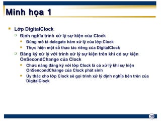 30 
MMiinnhh hhọọaa 11 
 Lớp DigitalClock 
 Định nghĩa trình xử lý sự kiện của Clock 
 Đúng mô tả delegate hàm xử lý của lớp Clock 
 Thực hiện một số thao tác riêng của DigitalClock 
 Đăng ký xử lý với trình xử lý sự kiện trên khi có sự kiện 
OnSecondChange của Clock 
 Chức năng đăng ký với lớp Clock là có xử lý khi sự kiện 
OnSencondChange của Clock phát sinh 
 Ủy thác cho lớp Clock sẽ gọi trình xử lý định nghĩa bên trên của 
DigitalClock 
 