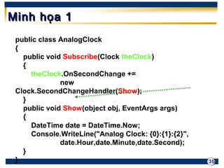 35 
MMiinnhh hhọọaa 11 
public class AnalogClock 
{ 
public void Subscribe(Clock theClock) 
{ 
theClock.OnSecondChange += 
new 
Clock.SecondChangeHandler(Show); 
} 
public void Show(object obj, EventArgs args) 
{ 
DateTime date = DateTime.Now; 
Console.WriteLine("Analog Clock: {0}:{1}:{2}", 
date.Hour,date.Minute,date.Second); 
} 
} 
 
