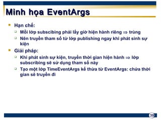 39 
MMiinnhh hhọọaa EEvveennttAArrggss 
 Hạn chế: 
 Mỗi lớp subscibing phải lấy giờ hiện hành riêng Þ trùng 
 Nên truyền tham số từ lớp publishing ngay khi phát sinh sự 
kiện 
 Giải pháp: 
 Khi phát sinh sự kiện, truyền thời gian hiện hành Þ lớp 
subscribing sẽ sử dụng tham số này 
 Tạo một lớp TimeEventArgs kế thừa từ EventArgs: chứa thời 
gian sẽ truyền đi 
 