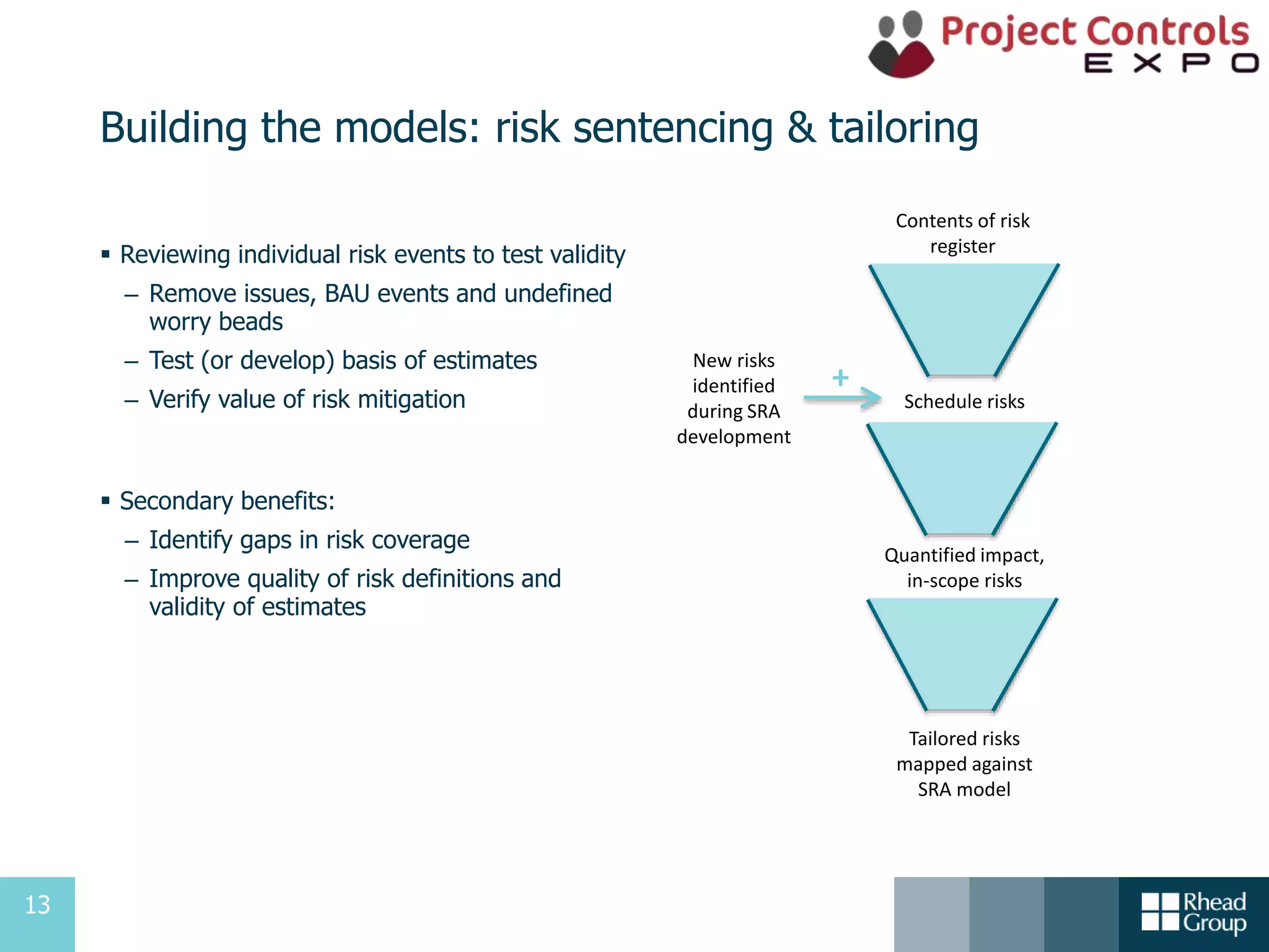 13
Building the models: risk sentencing & tailoring
 Reviewing individual risk events to test validity
– Remove issues, BAU events and undefined
worry beads
– Test (or develop) basis of estimates
– Verify value of risk mitigation
Contents of risk
register
Schedule risks
Quantified impact,
in-scope risks
Tailored risks
mapped against
SRA model
New risks
identified
during SRA
development
+
 Secondary benefits:
– Identify gaps in risk coverage
– Improve quality of risk definitions and
validity of estimates
 
