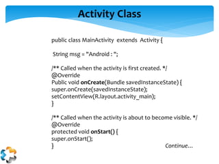 public class MainActivity extends Activity {
String msg = "Android : ";
/** Called when the activity is first created. */
...