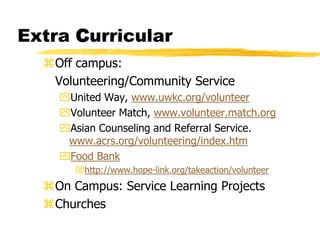 Extra CurricularOff campus: 	Volunteering/Community ServiceUnited Way, www.uwkc.org/volunteerVolunteer Match, www.volunteer.match.orgAsian Counseling and Referral Service. www.acrs.org/volunteering/index.htmFood Bankhttp://www.hope-link.org/takeaction/volunteerOn Campus: Service Learning ProjectsChurches