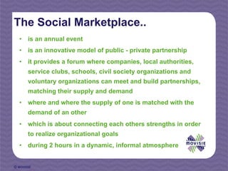 The Social Marketplace..
  •  is an annual event
  •  is an innovative model of public - private partnership
  •  it provides a forum where companies, local authorities,
       service clubs, schools, civil society organizations and
       voluntary organizations can meet and build partnerships,
       matching their supply and demand
  •  where and where the supply of one is matched with the
       demand of an other
  •  which is about connecting each others strengths in order
       to realize organizational goals
  •  during 2 hours in a dynamic, informal atmosphere


© MOVISIE
 