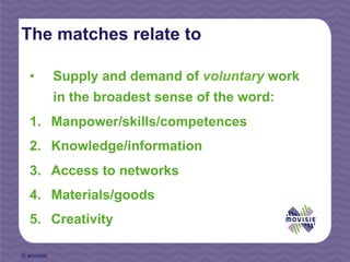 The matches relate to

  •         Supply and demand of voluntary work
            in the broadest sense of the word:
  1.  Manpower/skills/competences
  2.  Knowledge/information
  3.  Access to networks
  4.  Materials/goods
  5.  Creativity

© MOVISIE
 