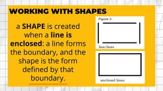 WORKING WITH SHAPES
a SHAPE is created
when a line is
enclosed: a line forms
the boundary, and the
shape is the form
defined by that
boundary.
 