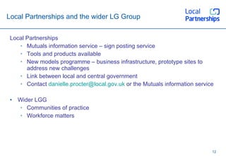 Local Partnerships and the wider LG Group Local Partnerships Mutuals information service – sign posting service Tools and products available New models programme – business infrastructure, prototype sites to address new challenges Link between local and central government Contact  [email_address]  or the Mutuals information service Wider LGG Communities of practice Workforce matters 