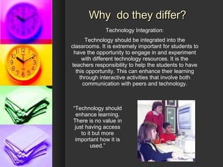 Why  do they differ? Technology Integration: Technology should be integrated into the classrooms. It is extremely important for students to have the opportunity to engage in and experiment with different technology resources. It is the teachers responsibility to help the students to have this opportunity. This can enhance their learning through interactive activities that involve both communication with peers and technology. “ Technology should enhance learning. There is no value in just having access to it but more important how it is used.” 