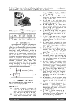 Dr .T.V.S P Gupta et al. Int. Journal of Engineering Research and Applications www.ijera.com
ISSN : 2248-9622, Vol. 4, Issue 10( Part - 6), October 2014, pp.167-171
www.ijera.com 170 | P a g e
output
TABLE I
ISNR comparison results for several video sequences
[dB].
IV. CONCLUSION
This paper presents an iterative video deblurring
algorithm utilizing a neighborhood of unblurred
frames. First, the sharp predictor of a blurred frame is
derived from its neighboring unblurred frames using
bidirectional motion compensation. Second, an
accurate blur kernel is reestimated using the
predictors and the blurred frame. Third, again using
both of those frames, a residual deconvolution is
proposed to significantly reduce the ringing artifacts
inherent in conventional deconvolution. From the
experimental results we proved that the proposed
algorithm reconstructs details better than
conventional algorithms do, with fewer ringing
artifacts. In this paper, we assume that the blur kernel
is uniform. As for further work, we plan to extend
our approach to non-uniform blur kernels.
V. ACKNOWLEDGEMENT
This research was supported by the National IT
Industry Promotion Agency (NIPA).
REFERENCES
[1] R. Fergus, B. Singh, A. Hertzmann, S. T.
Roweis and W. T. Freeman, “Removing
camera shake from a single photograph,”in
Proc. ACM SIGGAPH 2006, pp. 787-794.
[2] Q. Shan, J. Jia, and A. Agarwala, “High-
quality motion deblurring from a single
image,” ACM Trans. Graphics, vol. 27, no.
3, p. 73, Aug. 2008.
[3] S. Cho and S. Lee, “Fast motion
deblurring,” ACM Trans. Graphics, vol. 28,
no. 5, p. 145, Dec. 2009.
[4] L. Xu and J. Jia, “Two-phase kernel
estimation for robust motion deblurring,” in
Proc. ECCV, 2010, pp. 157-170.
[5] M. S. C. Almeida and L. B. Almeida, “Blind
and semi-blind deblurring of natural
images,” IEEE Trans. Image Process, vol.
19, no. 1, pp. 36-52, Jan. 2010.
[6] A. Rav-acha and S. Peleg, “Two motion-
blurred images are better than one,” Pattern
Recognition Letters, vol. 26, no. 3, pp. 311-
317, Feb. 2005.
[7] W. Li, J. Zhang, and Q. Dai, “Exploring
aligned complementary image pair for blind
motion de-blurring,” in Proc. CVPR, 2011,
pp. 273-280.
[8] L. Yuan, J. Sun, L. Quan, and H. Y. Shum,
“Image deblurringwith blurred/noisy image
pairs,” ACM Trans. Graphics, vol. 26, no.
3, p. 1, July 2007.
[9] M. Sorel and F. Sroubek, “Space-variant de-
blurring using one blurred and one
underexposed image,” in Proc. ICIP, 2009,
pp. 157-160.
[10] Y. Huang, and N. Fan, “Inter-frame
information transfer via projection onto
convex set for video deblurring,” IEEE J.
Sel. Topics Signal Process., vol. 5, no. 2, pp.
275-284, April 2011.
[11] D. Lee, S. C. Jeong, Y. Lee, and B. C. Song,
“A video deblurring algorithm using
accurate blur kernel estimation and residual
deconvolution based on a blurred-unblurred
frame pair,” IEEE Trans. Image Processing,
vol. 22, no. 3, pp. 926- 940, March 2013.
[12] L. Xu, J. Jia, and Y. Matsushita, “Motion
detail preserving optical flow estimation,”
IEEE Trans. Pattern Analysis and Machine
Intelligence, vol. 34, no. 9, pp. 1744-1757,
Sept. 2012.
[13] D. Krishnan, T. Tay, and R. Fergus, “Blind
deconvolutionusing a normalized sparsity
measure,” in Proc. CVPR, 2011, pp. 233-
240
[14] A. Levin, Y. Weiss, F. Durand, and W. T.
Freeman, “Understanding blind
deconvolution algorithms,” IEEE Trans.
Pattern Anal. Mach. Intell., vol. 33, no. 12,
pp. 2354-2367, 2011
[15] A. Levin, Y. Weiss, F. Durand, and W. T.
Freeman, “Efficient marginal likelihood
optimization in blind deconvolution,” in
Proc. CVPR, 2011, pp. 2657-2664.
 
