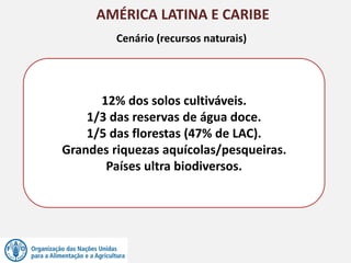AMÉRICA LATINA E CARIBE
Cenário (recursos naturais)
12% dos solos cultiváveis.
1/3 das reservas de água doce.
1/5 das florestas (47% de LAC).
Grandes riquezas aquícolas/pesqueiras.
Países ultra biodiversos.
 