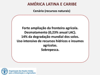 AMÉRICA LATINA E CARIBE
Forte ampliação da fronteira agrícola.
Desmatamento (0,23% anual LAC).
14% da degradação mundial dos solos.
Uso intensivo de recursos hídricos e insumos
agrícolas.
Sobrepesca.
Cenário (recursos naturais)
 