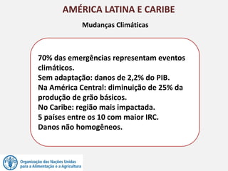 AMÉRICA LATINA E CARIBE
70% das emergências representam eventos
climáticos.
Sem adaptação: danos de 2,2% do PIB.
Na América Central: diminuição de 25% da
produção de grão básicos.
No Caribe: região mais impactada.
5 países entre os 10 com maior IRC.
Danos não homogêneos.
Mudanças Climáticas
 
