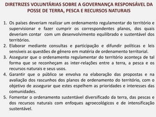 1. Os países deveriam realizar um ordenamento regulamentar do território e
supervisionar e fazer cumprir os correspondentes planos, dos quais
deveriam contar com um desenvolvimento equilibrado e sustentável dos
territórios.
2. Elaborar mediante consultas e participação e difundir políticas e leis
sensíveis as questões de gênero em matéria de ordenamento territorial.
3. Assegurar que o ordenamento regulamentar do território aconteça de tal
forma que se reconheçam as inter-relações entre a terra, a pesca e os
recursos naturais e seus usos.
4. Garantir que o público se envolva na elaboração das propostas e na
avaliação dos rascunhos dos planos de ordenamento do território, com o
objetivo de assegurar que estes espelhem as prioridades e interesses das
comunidades.
5. Fomentar o ordenamento sustentável diversificado da terra, das pescas e
dos recursos naturais com enfoques agroecológicos e de intensificação
sustentável.
DIRETRIZES VOLUNTÁRIAS SOBRE A GOVERNANÇA RESPONSÁVEL DA
POSSE DE TERRA, PESCA E RECURSOS NATURAIS
 