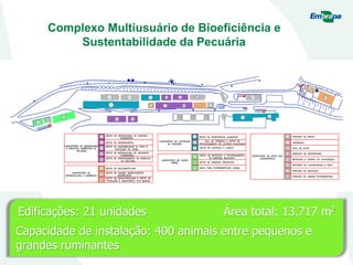 Complexo Multiusuário de Bioeficiência e
Sustentabilidade da Pecuária
Edificações: 21 unidades Área total: 13.717 m2
Capacidade de instalação: 400 animais entre pequenos e
grandes ruminantes
 