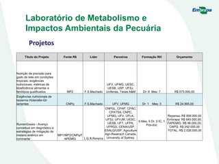 Laboratório de Metabolismo e
Impactos Ambientais da Pecuária
Projetos
Título do Projeto Fonte R$ Líder Parceiros Formação RH Orçamento
Nutrição de precisão para
gado de leite em condições
tropicais: exigências
nutricionais, métricas de
bioeficiência alimentar e
fenótipos qualificados MP2 F.S.Machado
UFV, UFMG, UESC,
UESB, USP, UFSJ,
Unifenas, Texas A&M Dr: 8 Mes: 7 R$ 575.000,00
Exigências nutricionais de
bezerros Holandês-Gir
lactentes CNPq F.S.Machado UFV, UFMG Dr: 1 Mes: 3 R$ 24.995,00
RumenGases - Avanço
conceitual em disgnóstico e
estratégias de mitigação de
metano entérico em
ruminante
MP1/MP2/CNPq/F
APEMIG L.G.R.Pereira
CNPGL, CPAP, CPAC,
CPATSA, CNPC,
UFMG, UFV, UFLA,
UFSJ, UFVJM, UESC,
UESB, UFT, UFPA,
UFRGS, CENA/USP,
ESALQ/USP, Agiculture
Agri-Reserach Canada,
University of Sydney,
6 Mes, 6 Dr, 5 IC, 1
Pós-doc
Repensa: R$ 998.000,00
Embrapa: R$ 640.000,00;
FAPEMIG: R$ 96.000,00;
CNPQ: R$ 292.000,00
TOTAL: R$ 2.026.000,00
 