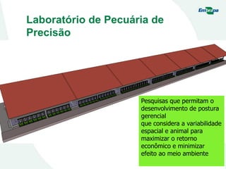 Laboratório de Pecuária de
Precisão
Pesquisas que permitam o
desenvolvimento de postura
gerencial
que considera a variabilidade
espacial e animal para
maximizar o retorno
econômico e minimizar
efeito ao meio ambiente
 