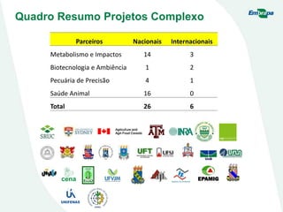 Quadro Resumo Projetos Complexo
Parceiros Nacionais Internacionais
Metabolismo e Impactos 14 3
Biotecnologia e Ambiência 1 2
Pecuária de Precisão 4 1
Saúde Animal 16 0
Total 26 6
 