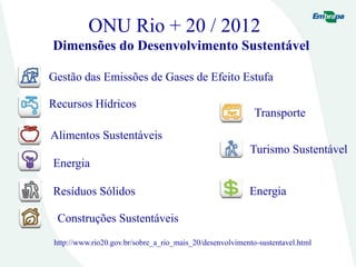 ONU Rio + 20 / 2012
Dimensões do Desenvolvimento Sustentável
http://www.rio20.gov.br/sobre_a_rio_mais_20/desenvolvimento-sustentavel.html
Resíduos Sólidos
Gestão das Emissões de Gases de Efeito Estufa
Recursos Hídricos
Alimentos Sustentáveis
Energia
Construções Sustentáveis
Energia
Turismo Sustentável
Transporte
 