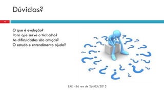 Dúvidas?
EAE - 86 rev de 26/05/2012
14
O que é evolução?
Para que serve o trabalho?
As dificuldades são amigas?
O estudo e entendimento ajuda?
 