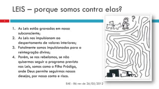 LEIS – porque somos contra elas?
EAE - 86 rev de 26/05/2012
3
1. As Leis estão gravadas em nosso
subconsciente;
2. As Leis nos impulsionam ao
despertamento de valores interiores;
3. Fatalmente somos impulsionados para a
reintegração divina;
4. Porém, se nos rebelamos, se não
quisermos seguir o programa previsto
nas Leis, somos como o Filho Pródigo,
onde Deus permite seguirmos nossos
desejos, por nossa conta e risco.
?
 