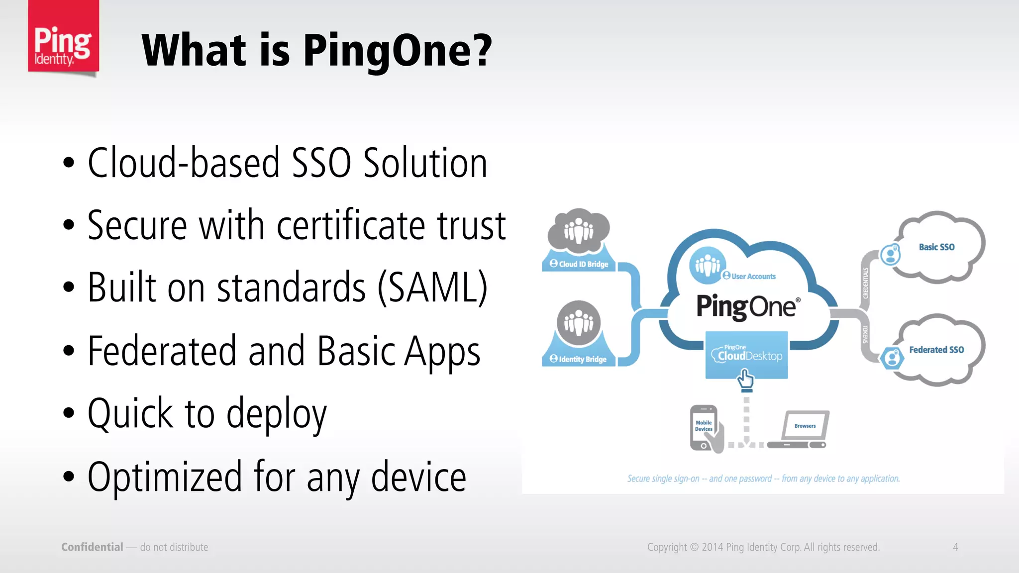 What is PingOne?
Confidential — do not distribute Copyright © 2014 Ping Identity Corp.All rights reserved. 4
• Cloud-based SSO Solution
• Secure with certificate trust
• Built on standards (SAML)
• Federated and Basic Apps
• Quick to deploy
• Optimized for any device
 