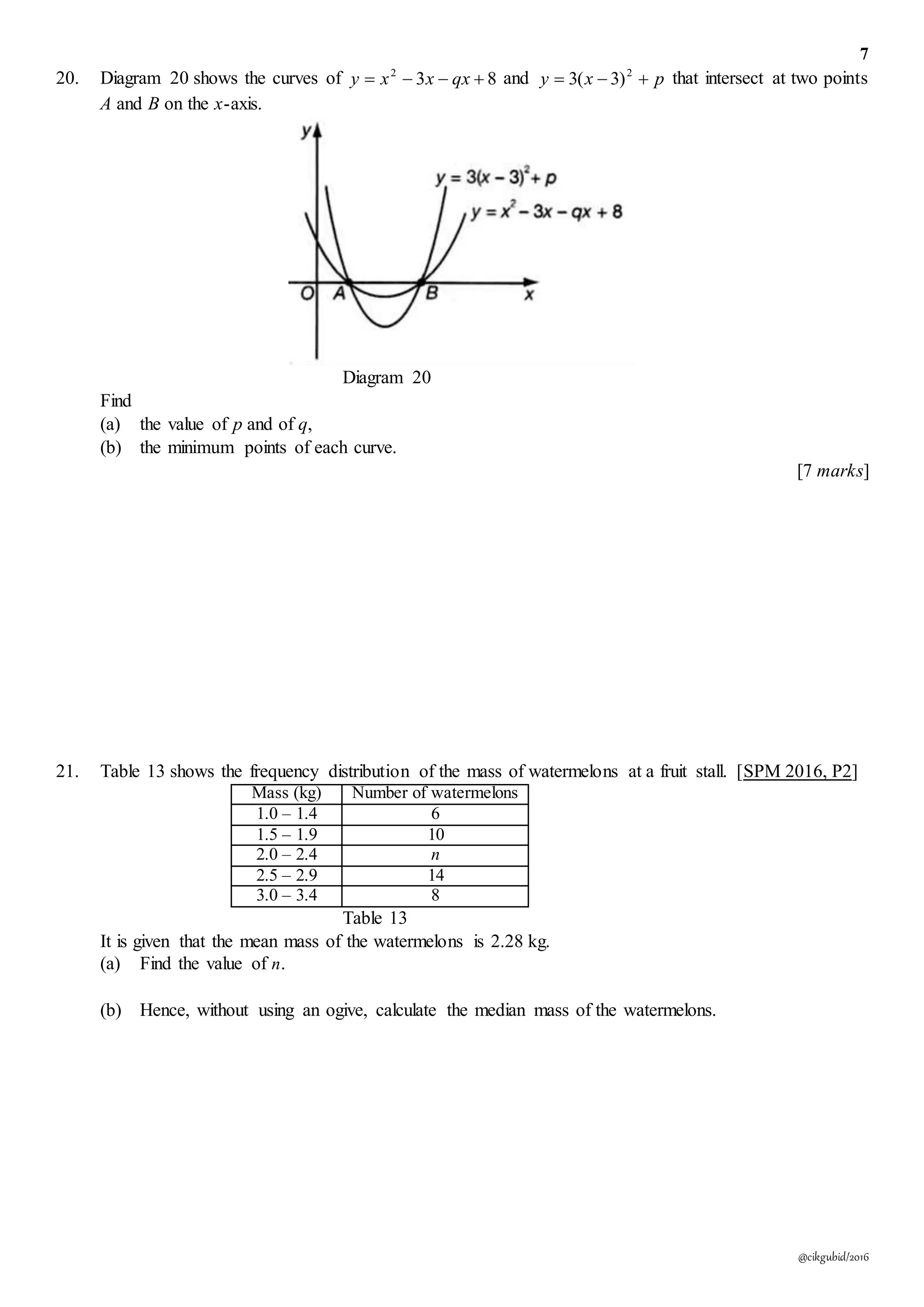 7
@cikgubid/2016
20. Diagram 20 shows the curves of 832
 qxxxy and pxy  2
)3(3 that intersect at two points
A and B on the x-axis.
Diagram 20
Find
(a) the value of p and of q,
(b) the minimum points of each curve.
[7 marks]
21. Table 13 shows the frequency distribution of the mass of watermelons at a fruit stall. [SPM 2016, P2]
Mass (kg) Number of watermelons
1.0 – 1.4 6
1.5 – 1.9 10
2.0 – 2.4 n
2.5 – 2.9 14
3.0 – 3.4 8
Table 13
It is given that the mean mass of the watermelons is 2.28 kg.
(a) Find the value of n.
(b) Hence, without using an ogive, calculate the median mass of the watermelons.
 