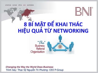 Trình bày: Nguyễn Tri Phương- CEO PTI CORPTrình bày: Thạc Sỹ Nguyễn Tri Phương- CEO P-Group
8 BÍ MẬT ĐỂ KHAI THÁC
HIỆU QUẢ TỪ NETWORKING
 