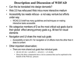 Description and Discussion of WDFAD Can this be translated into design demands? Web 2.0 has refocused Web into a more interactive medium Accessibility too needs refocus - a not easy venture but efforts under way WCAG 2.0 draft has many guidelines and techniques on making interactive tasks accessible. We categorize members of D as the most critical sub goals due to their global  effect among primary goals e.g. Alt text for visual elements Navigation and UI share the most sub goals  Accessibility or lack of it  for navigation or UI affects more the other than it does to content Other important observation; There are more shared sub goals than individual goals  |D|+|E|+|F|+|G| > ((A\ B U C) + (B\A U C) + (C\A U B )) Hence the three components have a lot in common that can be exploited to the benefit of the Web acc. process 