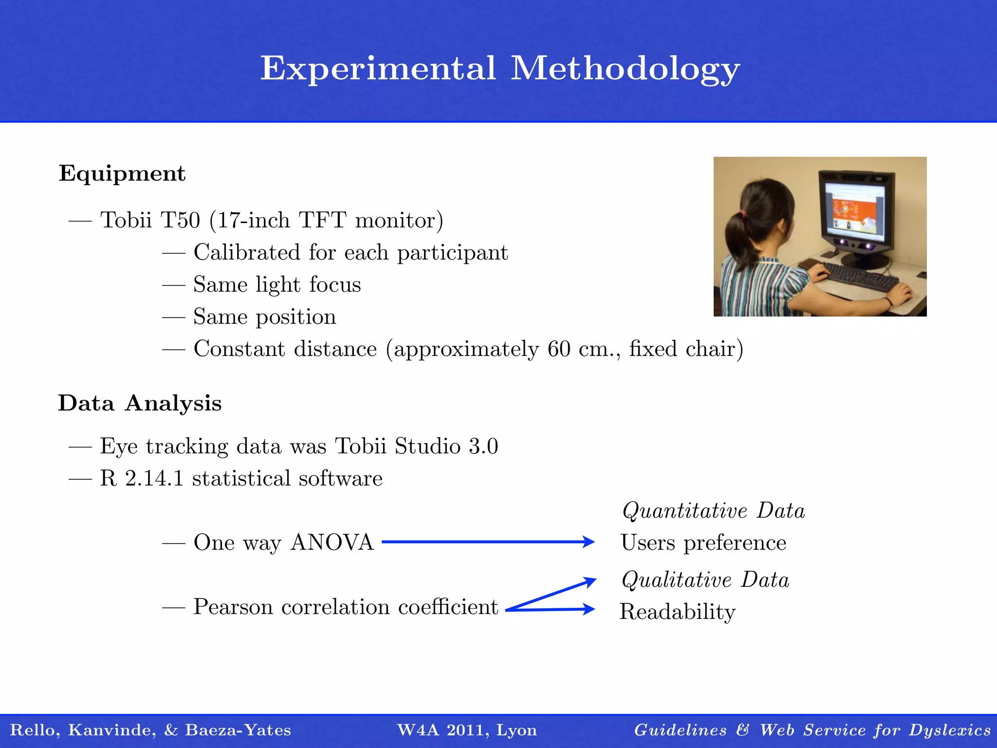 Experimental Methodology
                                 Outline

     Equipment

      — Tobii T50 (17-inch TFT monitor)
              — Calibrated for each participant
              — Same light focus
              — Same position
              — Constant distance (approximately 60 cm., ﬁxed chair)

     Data Analysis
      — Eye tracking data was Tobii Studio 3.0
      — R 2.14.1 statistical software
                                                        Quantitative Data
                — One way ANOVA                         Users preference
                                                        Qualitative Data
                — Pearson correlation coeﬃcient         Readability



Rello, Kanvinde, & Baeza-Yates       W4A 2011, Lyon      Guidelines & Web Service for Dyslexics
 