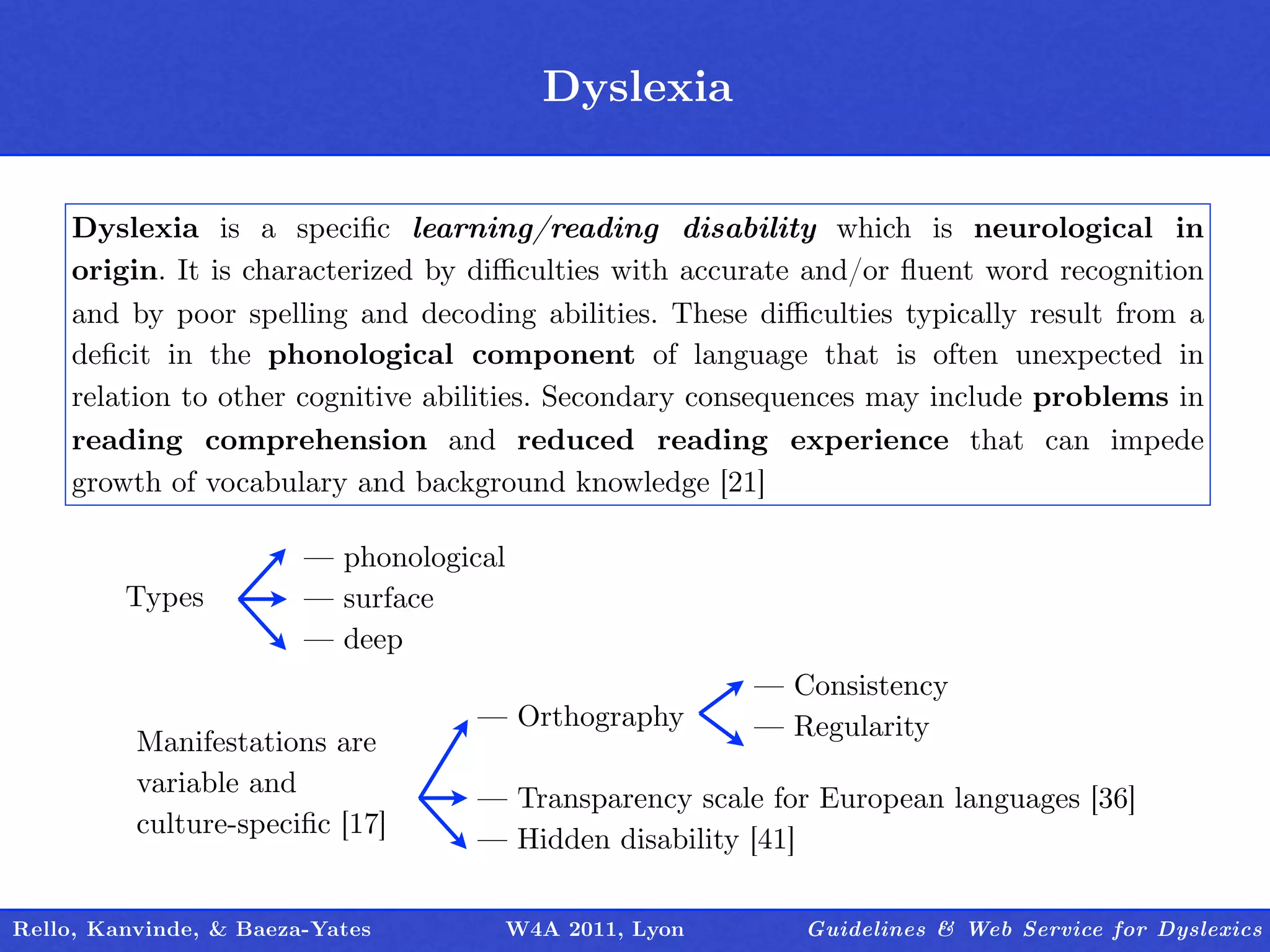 Dyslexia
                                         Outline

    Dyslexia is a speciﬁc learning/reading disability which is neurological in
    origin. It is characterized by diﬃculties with accurate and/or ﬂuent word recognition
    and by poor spelling and decoding abilities. These diﬃculties typically result from a
    deﬁcit in the phonological component of language that is often unexpected in
    relation to other cognitive abilities. Secondary consequences may include problems in
    reading comprehension and reduced reading experience that can impede
    growth of vocabulary and background knowledge [21]

                        — phonological
         Types          — surface
                        — deep
                                                        — Consistency
                                    — Orthography       — Regularity
          Manifestations are
          variable and
                                    — Transparency scale for European languages [36]
          culture-speciﬁc [17]
                                    — Hidden disability [41]

Rello, Kanvinde, & Baeza-Yates        W4A 2011, Lyon       Guidelines & Web Service for Dyslexics
 