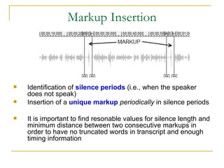 Markup Insertion




   Identification of silence periods (i.e., when the speaker
    does not speak)
   Insertion of a ...