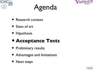 Agenda
• Research context
• State of art
• Hipothesis
• Acceptance Tests
• Preliminary results
• Advantages and limitation...