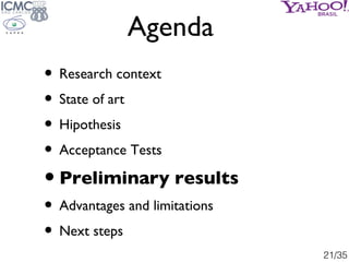 Agenda
• Research context
• State of art
• Hipothesis
• Acceptance Tests
• Preliminary results
• Advantages and limitation...